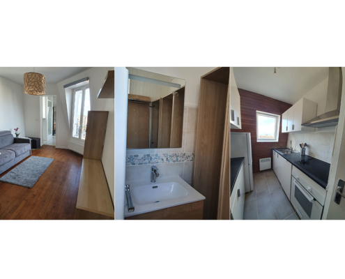 Rénovation intérieure d'un appartement : électricité, peinture, carrelage dans la salle de bain et la cuisine, installation de sanitaires, douche et cuisine neuve